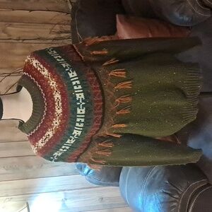 IVY VTG Knit Boho Pom Pom Fair Isle Sweater M Women Crewneck Fringe